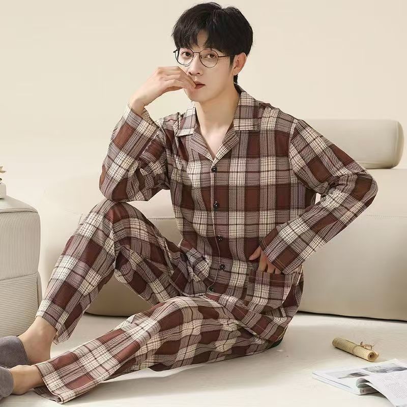 Men’S Thermal Pajamas Sets With Long Sleeve Long Pants Housewear Suit Winter Autumn Checkered Pattern Sleepwear