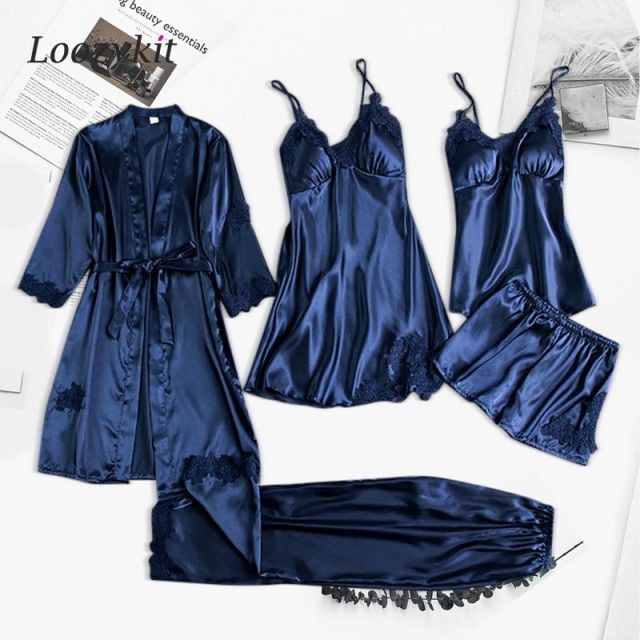 Fashion 5 Pieces Pajama Sets Night Dress Women Sleepwear Women Silk Pajamas Home Clothes Summer Sets Casual Lace Sexy Clothes