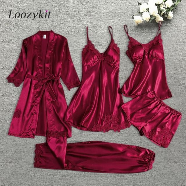 Fashion 5 Pieces Pajama Sets Night Dress Women Sleepwear Women Silk Pajamas Home Clothes Summer Sets Casual Lace Sexy Clothes