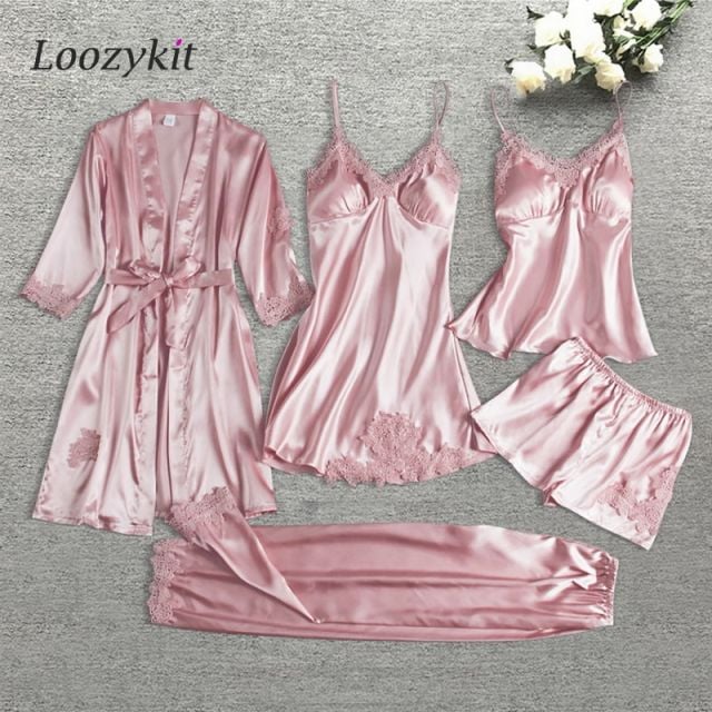 Fashion 5 Pieces Pajama Sets Night Dress Women Sleepwear Women Silk Pajamas Home Clothes Summer Sets Casual Lace Sexy Clothes