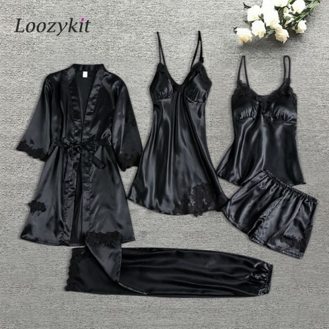 Fashion 5 Pieces Pajama Sets Night Dress Women Sleepwear Women Silk Pajamas Home Clothes Summer Sets Casual Lace Sexy Clothes