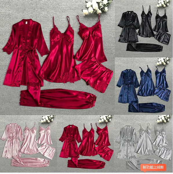 Fashion 5 Pieces Pajama Sets Night Dress Women Sleepwear Women Silk Pajamas Home Clothes Summer Sets Casual Lace Sexy Clothes