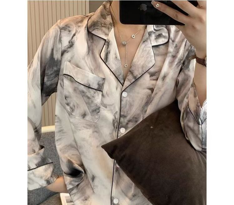 New European and American ink printed silk pajamas women's high-end feeling small collar long sleeved long pants sleepwear set