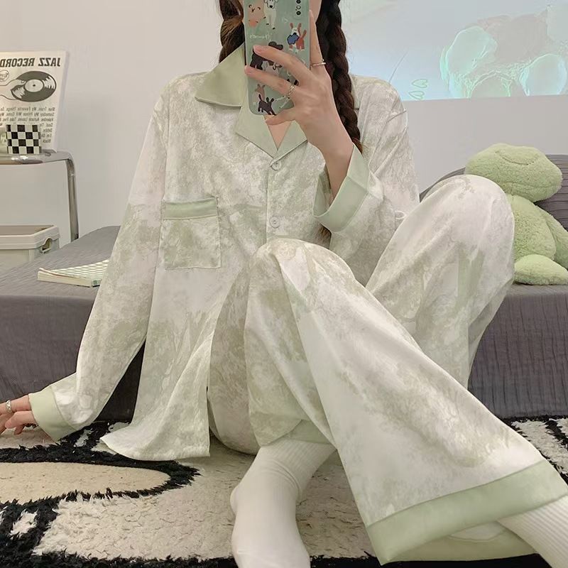 New European and American ink printed silk pajamas women's high-end feeling small collar long sleeved long pants sleepwear set