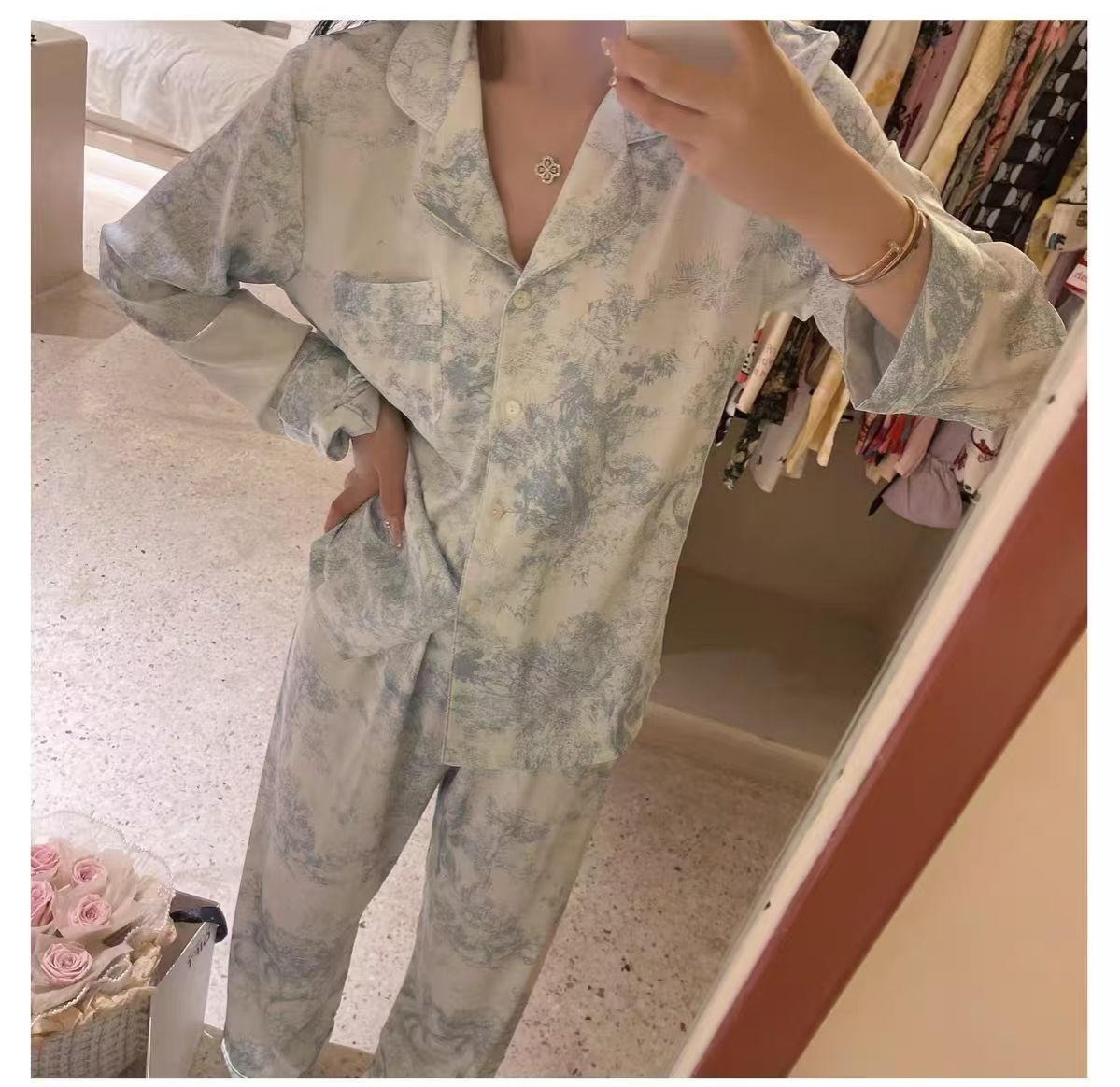 New European and American ink printed silk pajamas women's high-end feeling small collar long sleeved long pants sleepwear set