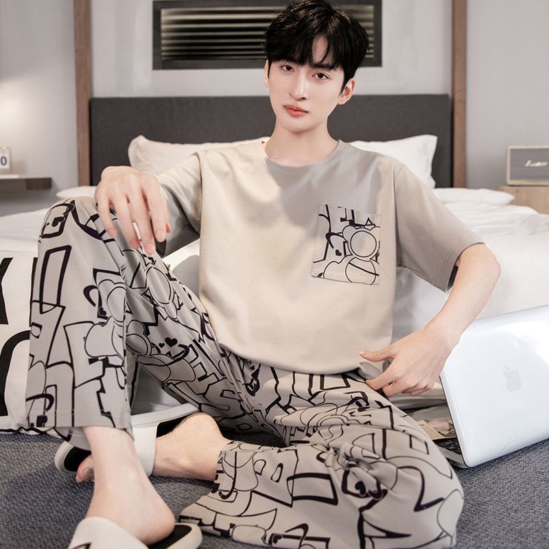 Men's Pajamas T-shirt long pants Two Piece Set Casual Suit Male Loose Sleepwear Home Boy Clothes Nightwear
