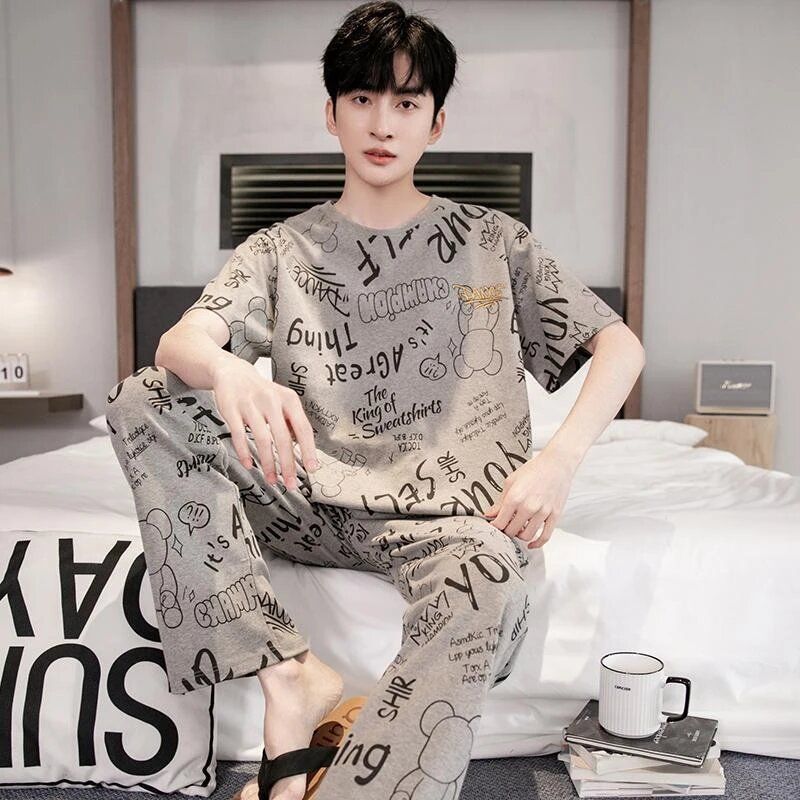 Men's Pajamas T-shirt long pants Two Piece Set Casual Suit Male Loose Sleepwear Home Boy Clothes Nightwear