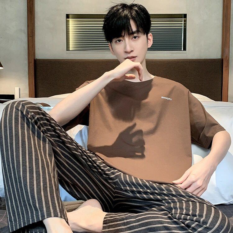 Men's Pajamas T-shirt long pants Two Piece Set Casual Suit Male Loose Sleepwear Home Boy Clothes Nightwear