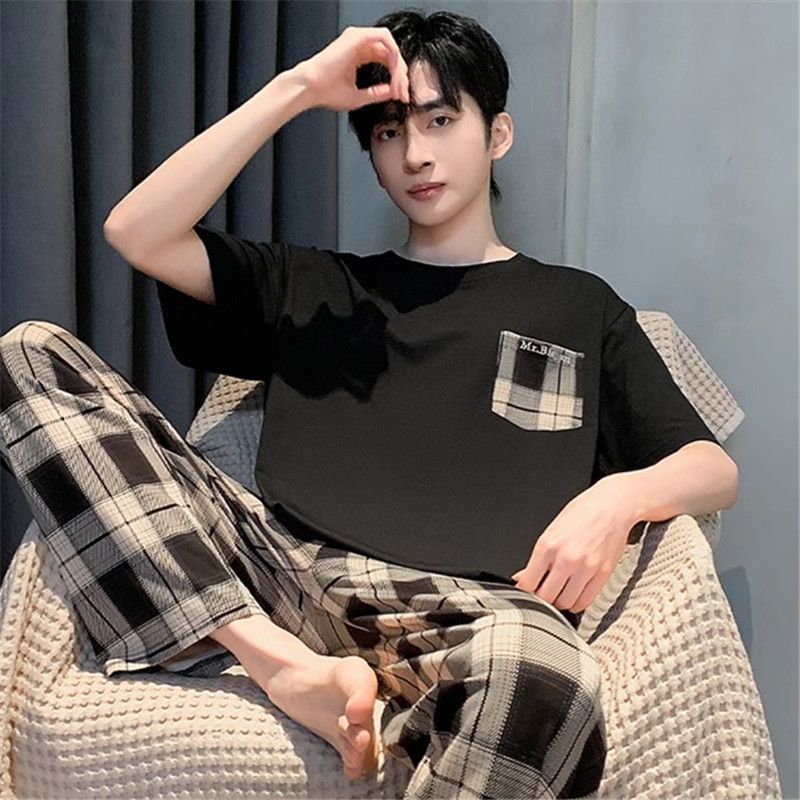 Men's Pajamas T-shirt long pants Two Piece Set Casual Suit Male Loose Sleepwear Home Boy Clothes Nightwear