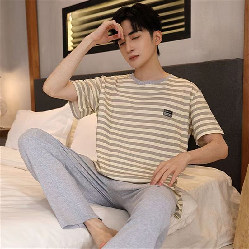 Men's Pajamas T-shirt long pants Two Piece Set Casual Suit Male Loose Sleepwear Home Boy Clothes Nightwear