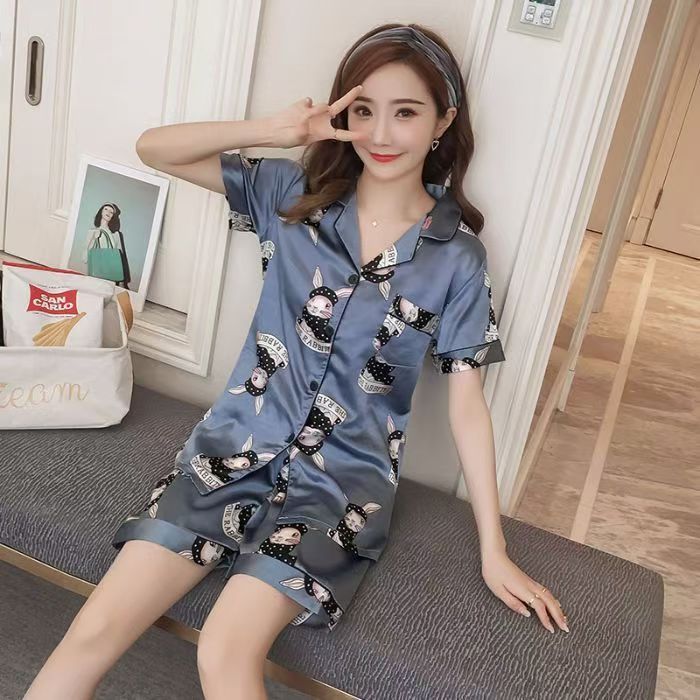 Pajamas women geometric pattern summer short-sleeved shorts thin cardigan simulation silk home service two-piece suit