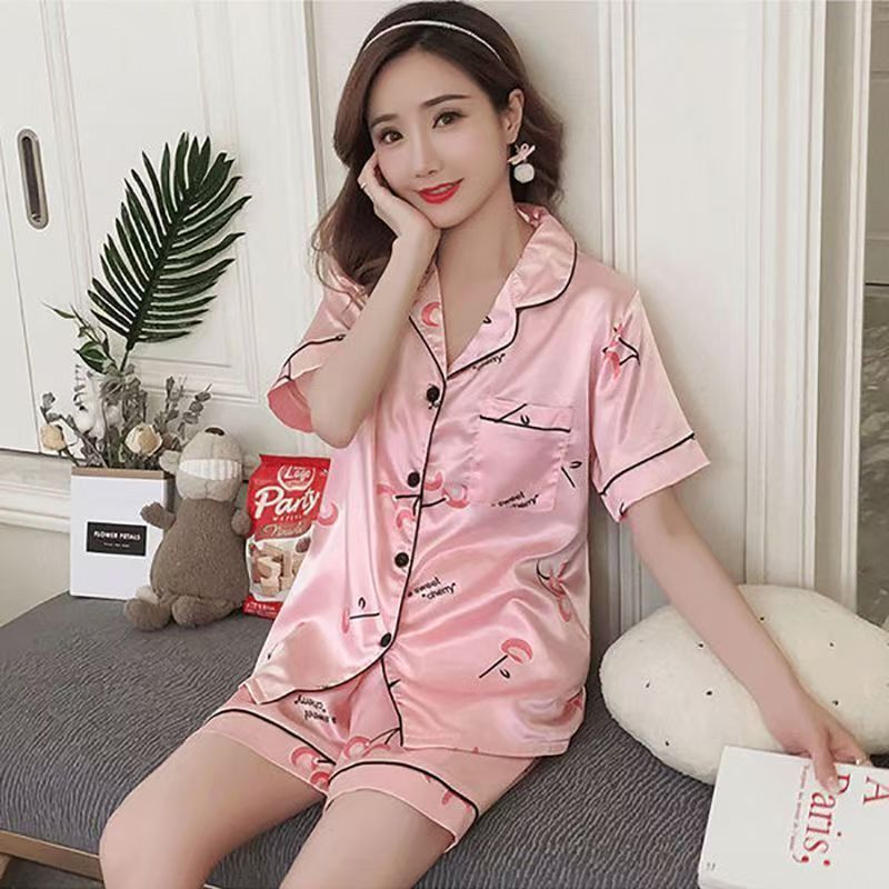 Pajamas women geometric pattern summer short-sleeved shorts thin cardigan simulation silk home service two-piece suit