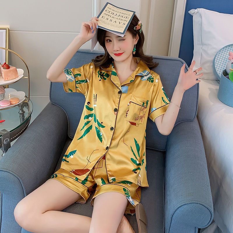 Pajamas women geometric pattern summer short-sleeved shorts thin cardigan simulation silk home service two-piece suit