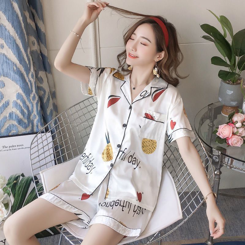 Pajamas women geometric pattern summer short-sleeved shorts thin cardigan simulation silk home service two-piece suit