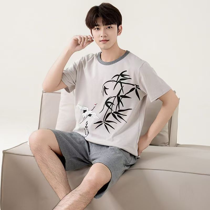 Summer Men's Pajama Set Thin Summer Short Sleeve Loose Cotton Casual Shorts Large Size Set Home Clothes Can be worn outside