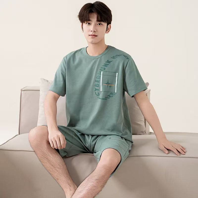 Summer Men's Pajama Set Thin Summer Short Sleeve Loose Cotton Casual Shorts Large Size Set Home Clothes Can be worn outside
