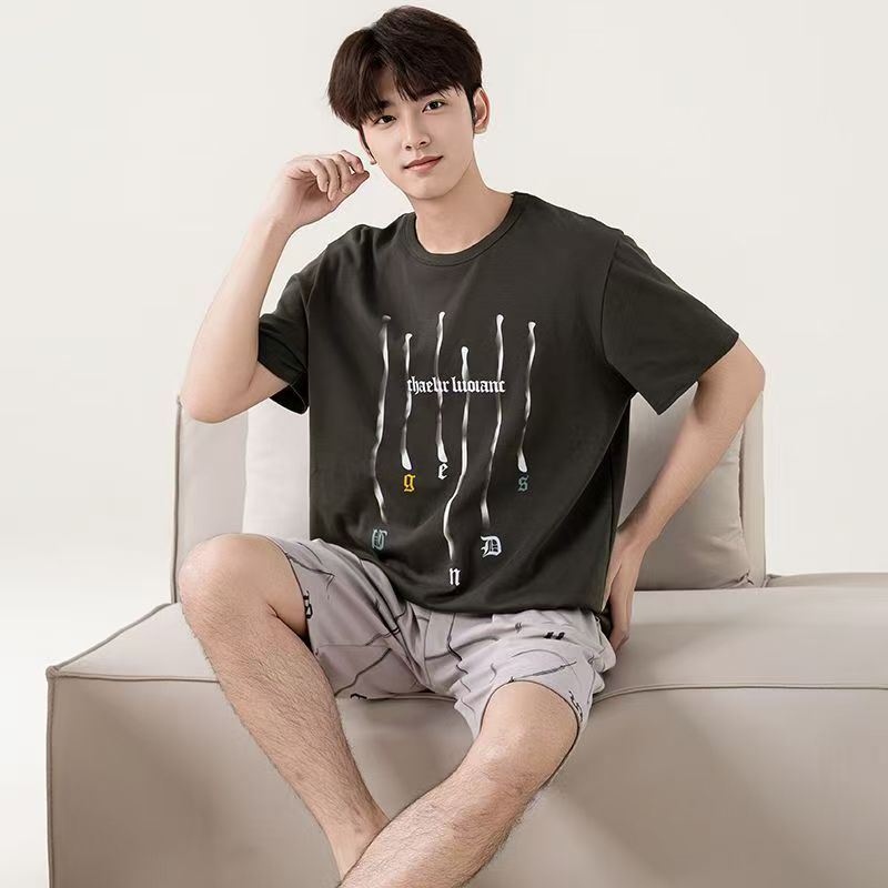 Summer Men's Pajama Set Thin Summer Short Sleeve Loose Cotton Casual Shorts Large Size Set Home Clothes Can be worn outside