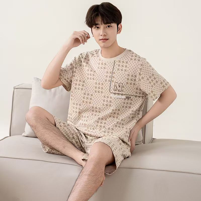 Summer Men's Pajama Set Thin Summer Short Sleeve Loose Cotton Casual Shorts Large Size Set Home Clothes Can be worn outside