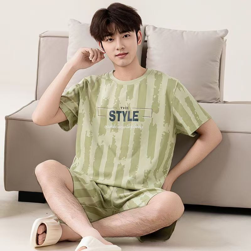 Summer Men's Pajama Set Thin Summer Short Sleeve Loose Cotton Casual Shorts Large Size Set Home Clothes Can be worn outside