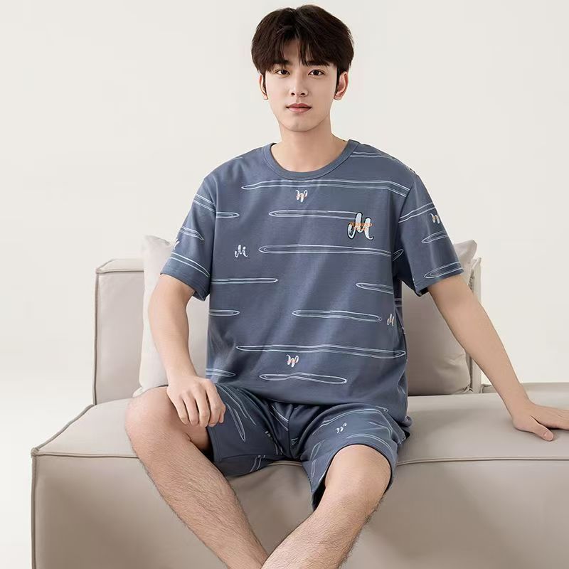 Summer Men's Pajama Set Thin Summer Short Sleeve Loose Cotton Casual Shorts Large Size Set Home Clothes Can be worn outside