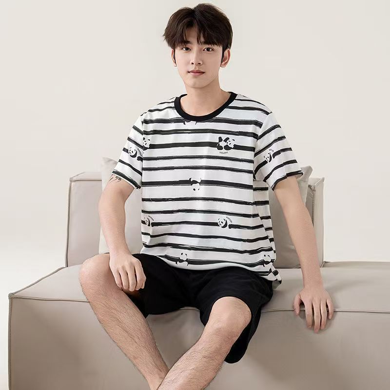 Summer Men's Pajama Set Thin Summer Short Sleeve Loose Cotton Casual Shorts Large Size Set Home Clothes Can be worn outside