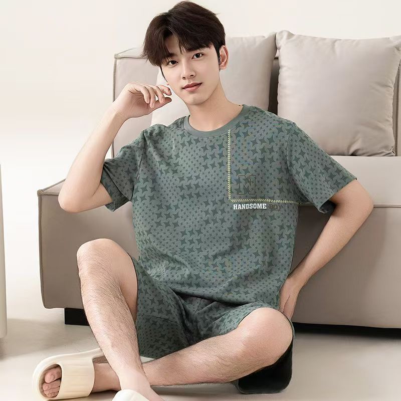 Summer Men's Pajama Set Thin Summer Short Sleeve Loose Cotton Casual Shorts Large Size Set Home Clothes Can be worn outside