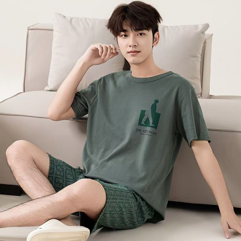Summer Men's Pajama Set Thin Summer Short Sleeve Loose Cotton Casual Shorts Large Size Set Home Clothes Can be worn outside