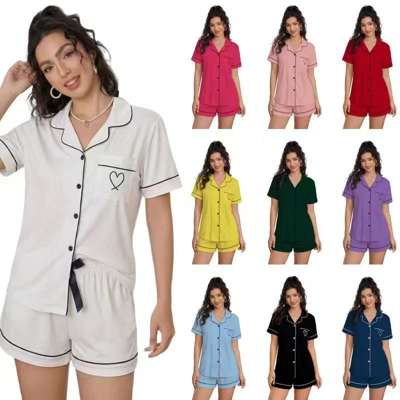 Fashion Women's Ice Silk Pajama Set European American Style Summer Soft Cardigan Short Sleeve Shirt Shorts Sleepwear