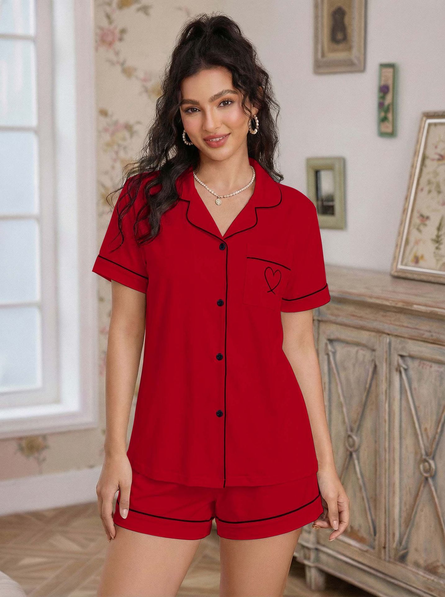 Fashion Women's Ice Silk Pajama Set European American Style Summer Soft Cardigan Short Sleeve Shirt Shorts Sleepwear