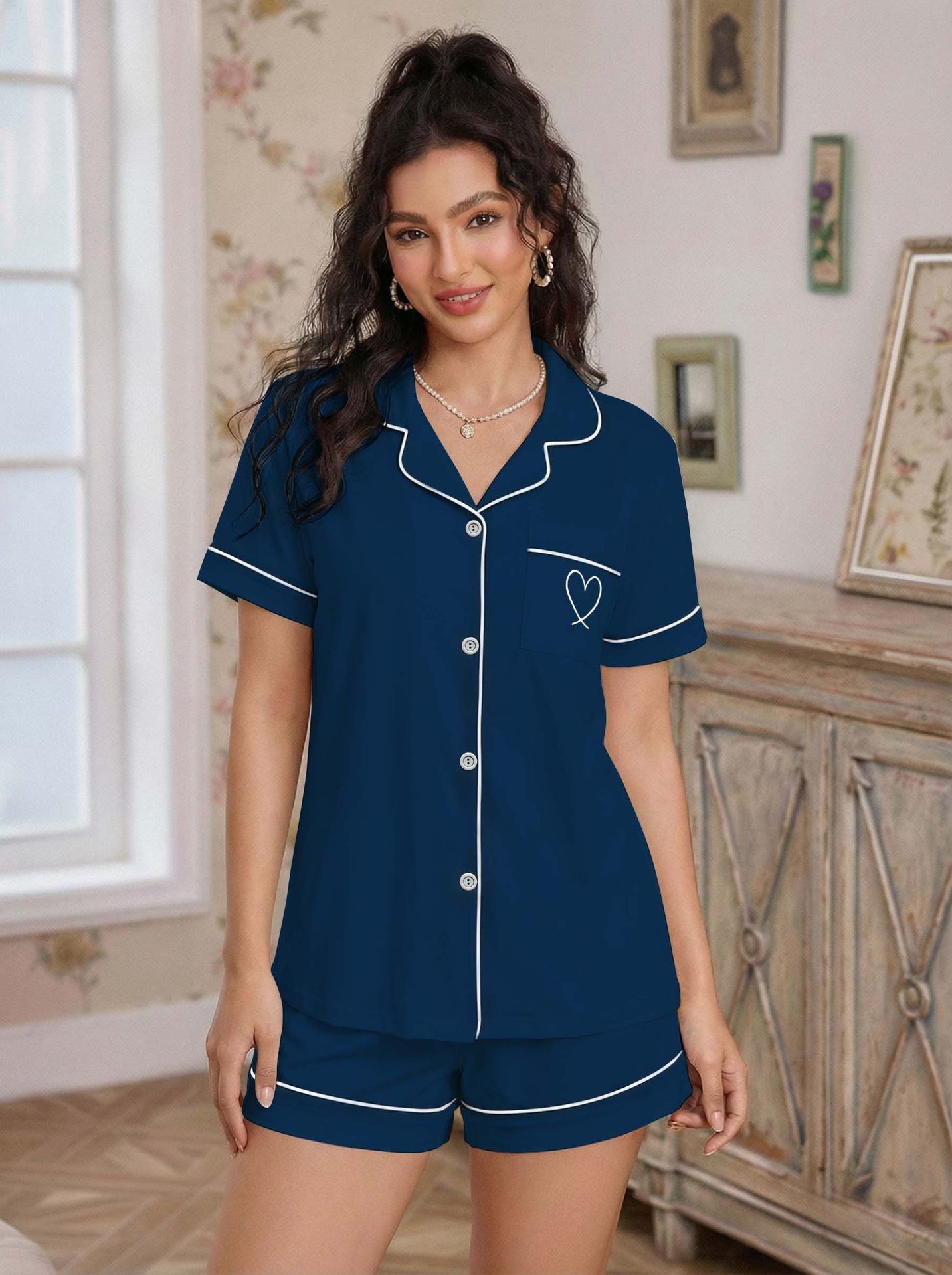 Fashion Women's Ice Silk Pajama Set European American Style Summer Soft Cardigan Short Sleeve Shirt Shorts Sleepwear