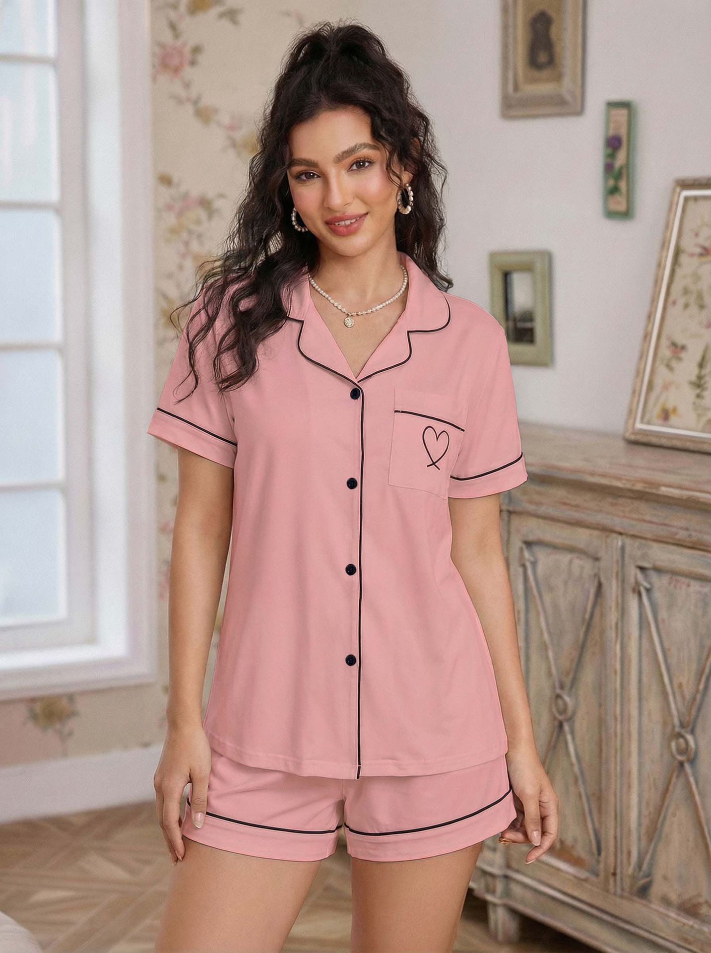Fashion Women's Ice Silk Pajama Set European American Style Summer Soft Cardigan Short Sleeve Shirt Shorts Sleepwear