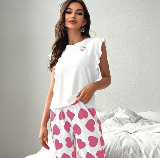 New Sleeveless Women's Pajama Set with Cute European and American Style, Love Printed Ruffle Casual Set for Women