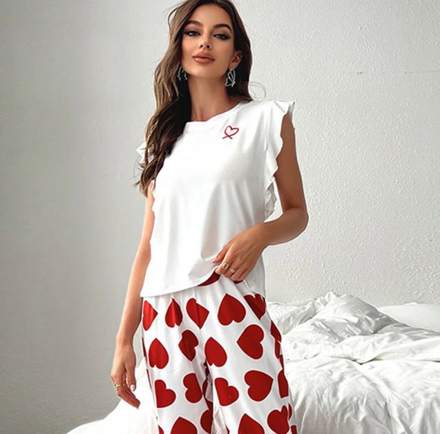 New Sleeveless Women's Pajama Set with Cute European and American Style, Love Printed Ruffle Casual Set for Women