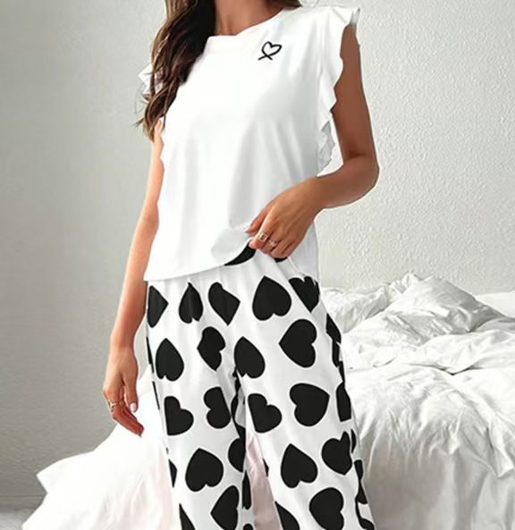 New Sleeveless Women's Pajama Set with Cute European and American Style, Love Printed Ruffle Casual Set for Women