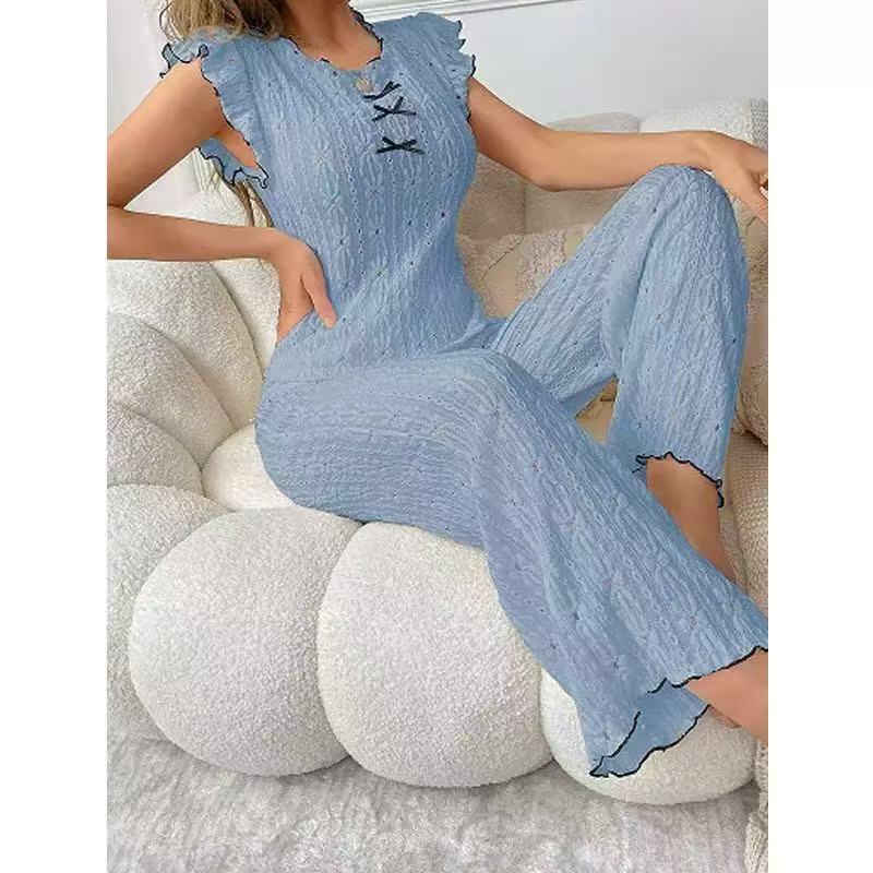 Sweet lace hollowed out women's pajamas set for spring and summer new round neck bow high-end home wear sleepwear two-piece set