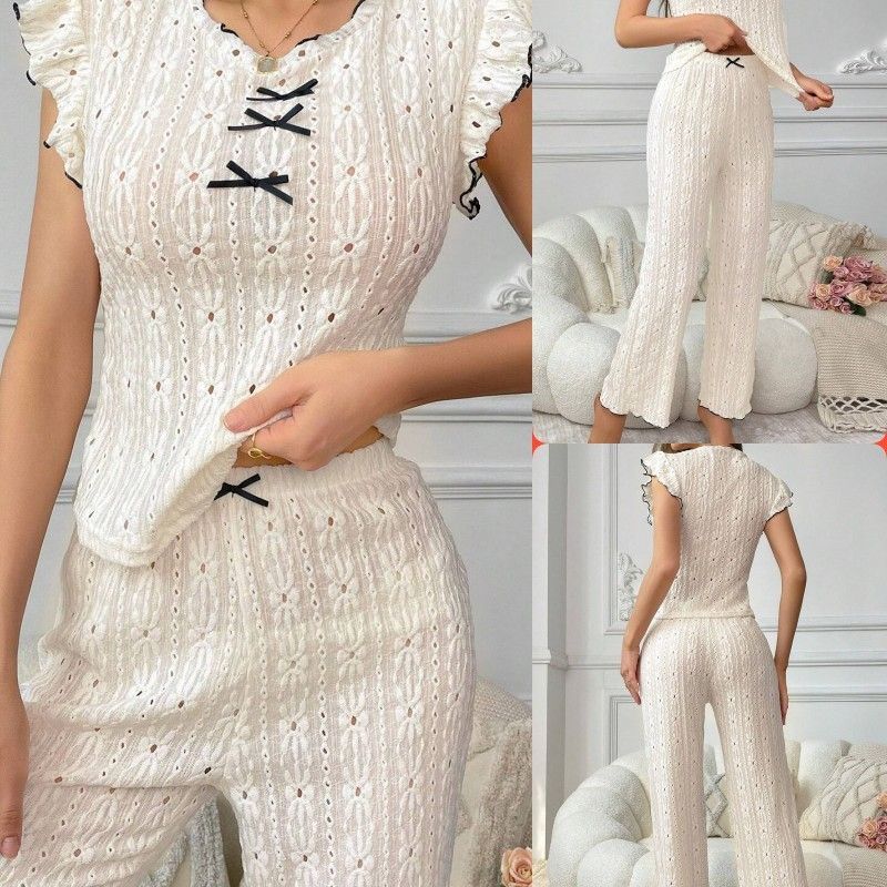 Sweet lace hollowed out women's pajamas set for spring and summer new round neck bow high-end home wear sleepwear two-piece set