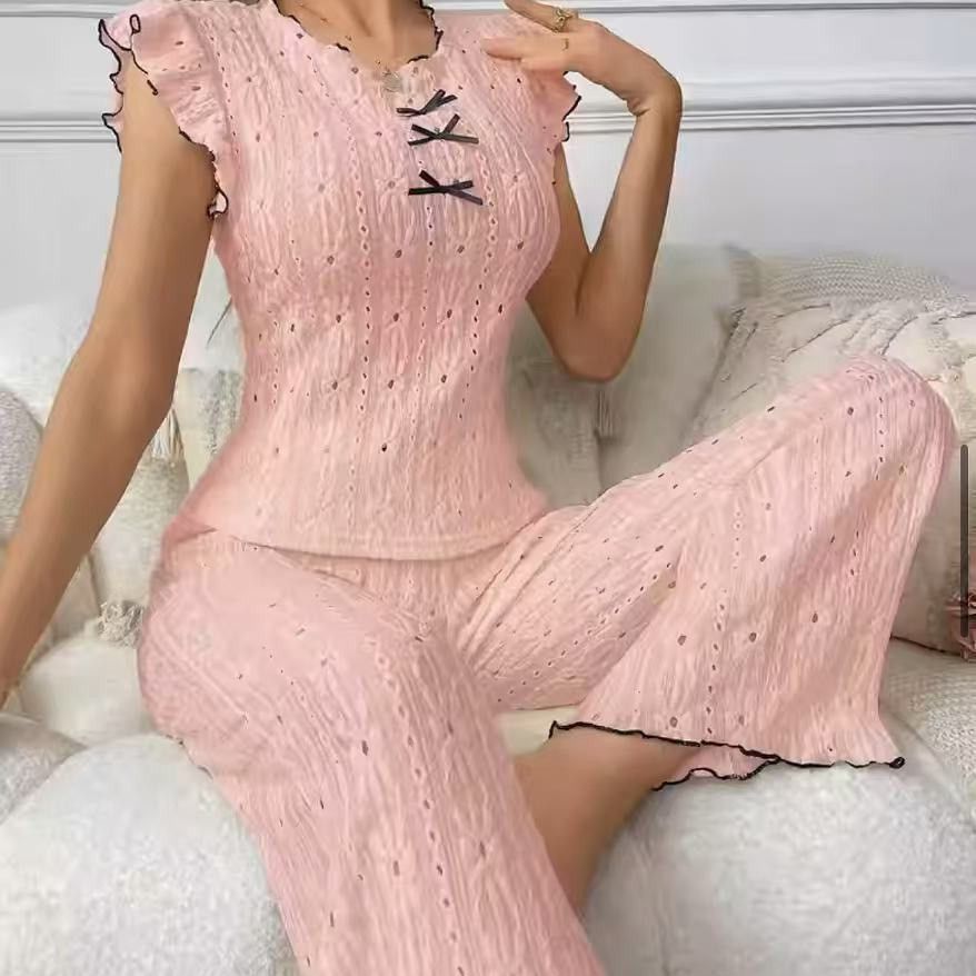 Sweet lace hollowed out women's pajamas set for spring and summer new round neck bow high-end home wear sleepwear two-piece set
