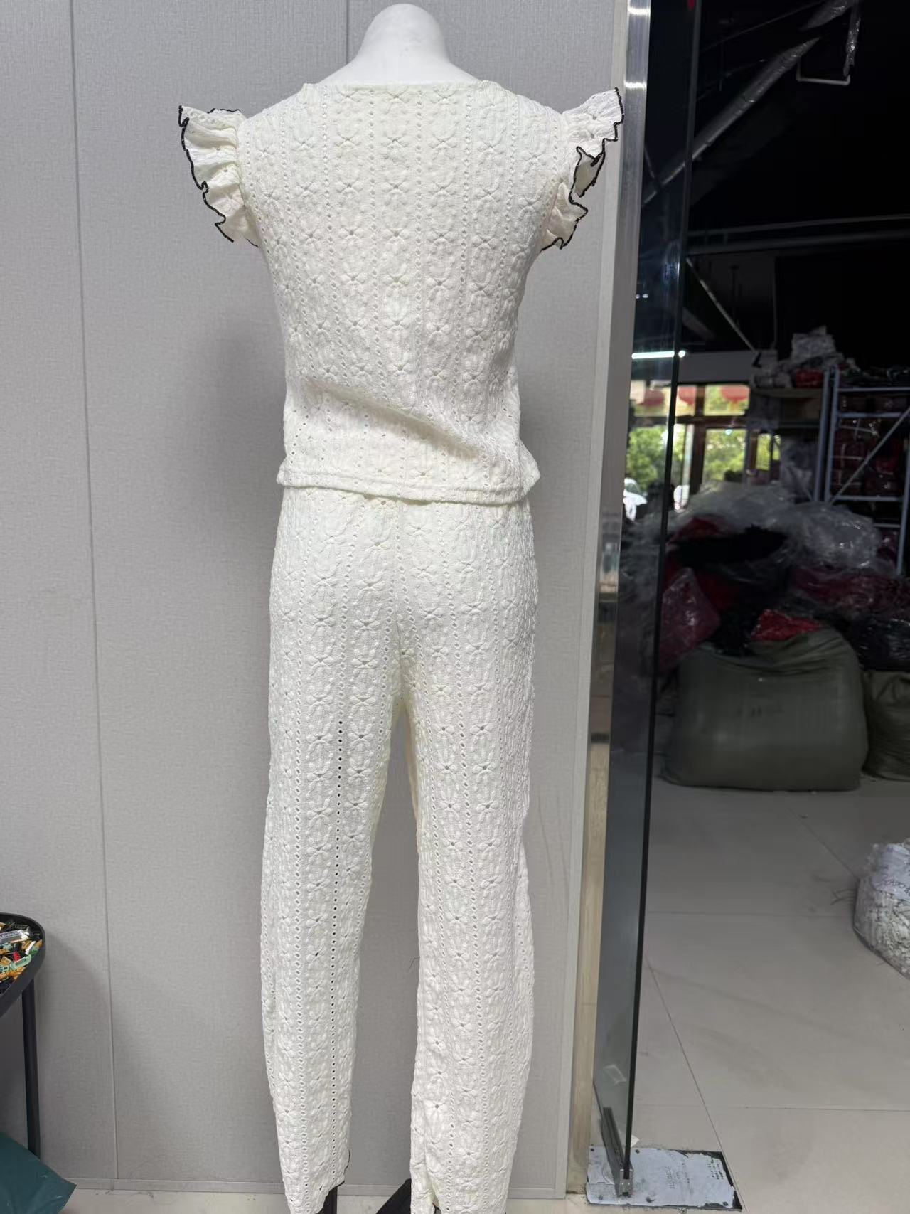 Sweet lace hollowed out women's pajamas set for spring and summer new round neck bow high-end home wear sleepwear two-piece set