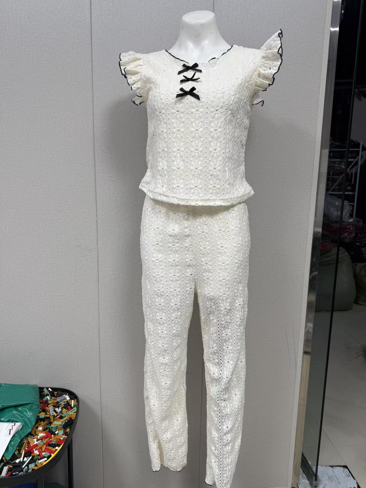 Sweet lace hollowed out women's pajamas set for spring and summer new round neck bow high-end home wear sleepwear two-piece set
