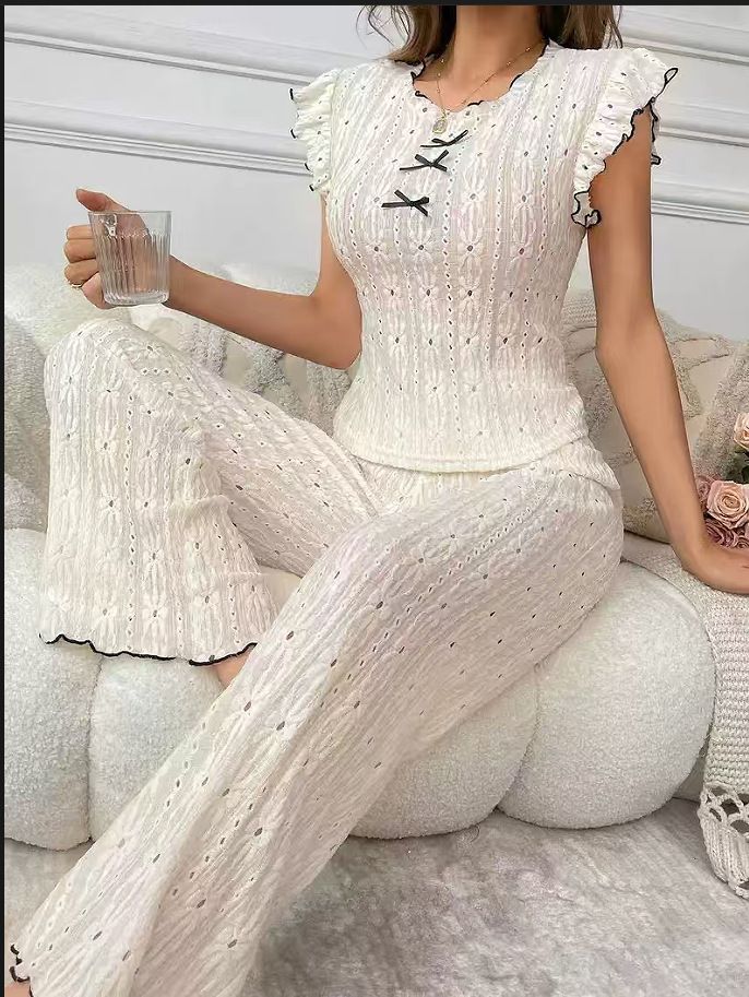 Sweet lace hollowed out women's pajamas set for spring and summer new round neck bow high-end home wear sleepwear two-piece set