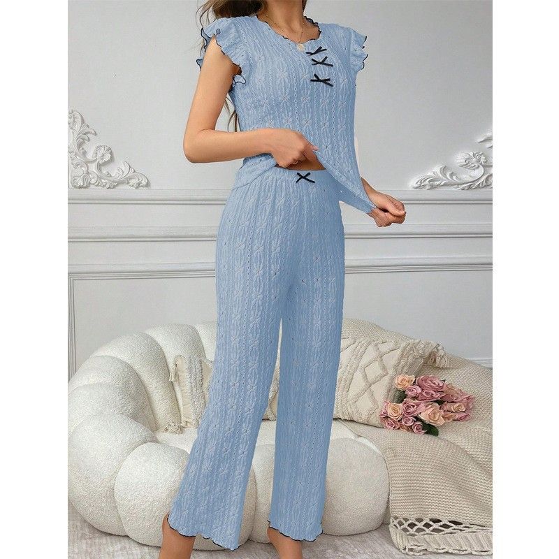 Sweet lace hollowed out women's pajamas set for spring and summer new round neck bow high-end home wear sleepwear two-piece set