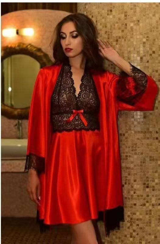 European and American sexy women's bathrobes lace side perspective sexy pajamas sexy underwear multi-piece