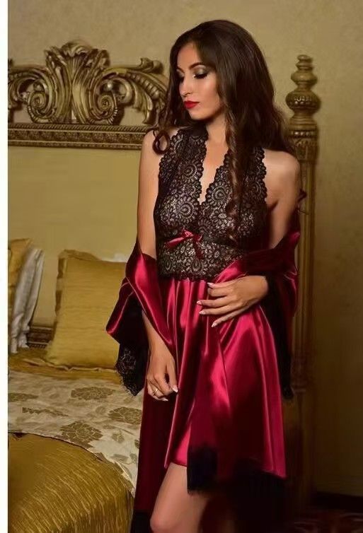 European and American sexy women's bathrobes lace side perspective sexy pajamas sexy underwear multi-piece