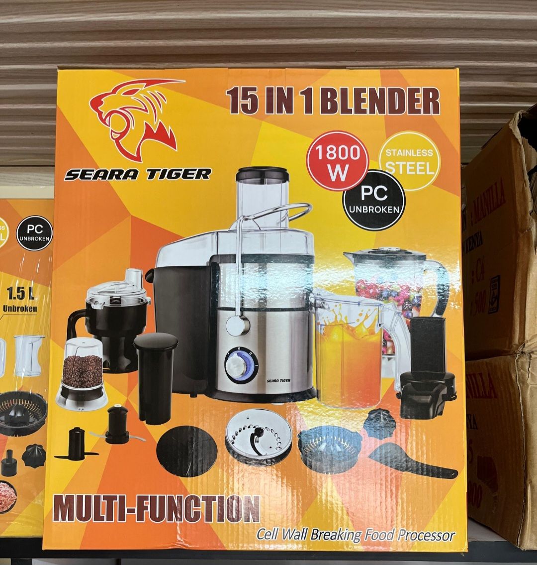 Seara Tiger 15-in-1 Blender 1800W – 2.5L Unbreakable PC Jar, Multi-Function Food Processor, Full Set Attachments, High-Speed Motor, Durable & Powerful Kitchen Blender – Brand New