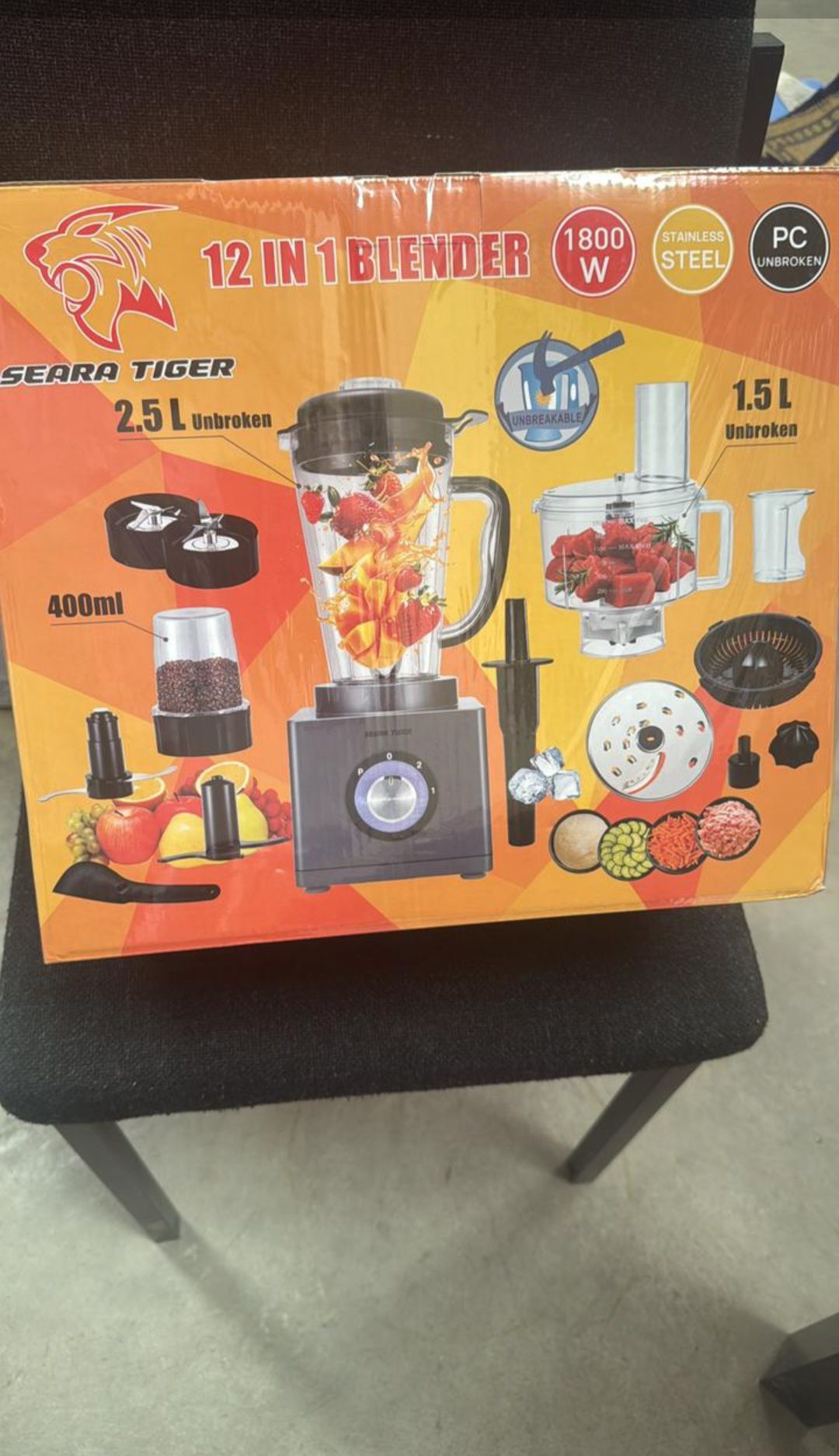 Seara Tiger 12-in-1 Blender 1800W – 2.5L Unbreakable PC Jar, Multi-Function Food Processor, High-Speed Powerful Motor, Full Set Attachments, Durable Kitchen Blender – Brand New