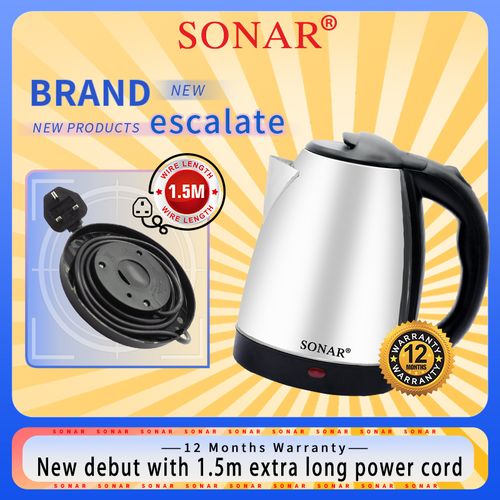 Sonar Stainless Steel 1.8Ltr Electric Kettle,1.5m Power Cord,1500W Fast Boil 1YR WRTY