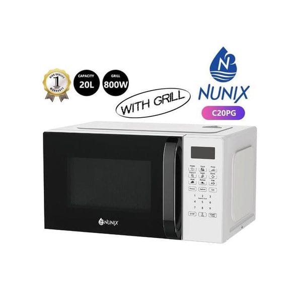 MICROWAVE. Nunix 20L Digital Microwave Oven With Grill, Convection cooking function for evenly cooked food levels for precise cooking, Defrost, reheat, and cook presets for easy operation.