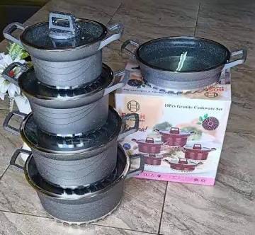 COOKWARE SET. Bosch 10pcs Heavy Granite Nonstick Cooking Pots Sufuria Set, Durable non-stick coating with speckled granite effect. Glass vented lids, Healthier cooking with less or no fat