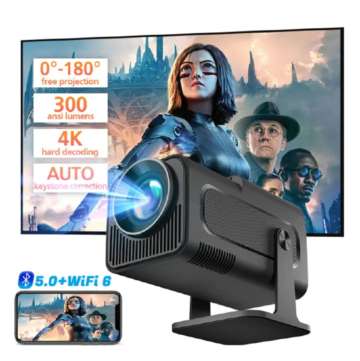 Android HY320 Mini Portable Projector 4K 300 ANSI with WiFi and Bluetooth, Native 1080P Smart Projector with Android 11, Support WiFi 6 BT5.0 Auto Keystone Correction Upgrade from HY300 Projector