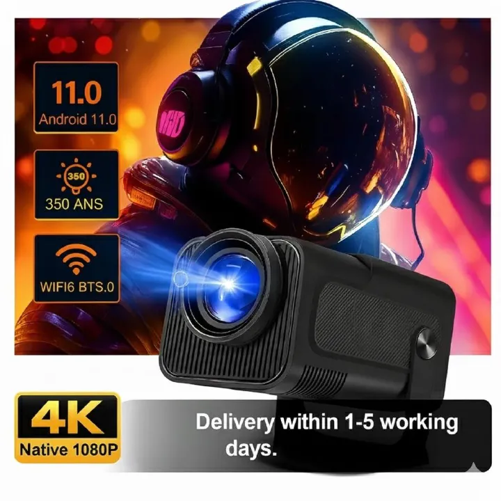 Android HY320 Mini Portable Projector 4K 300 ANSI with WiFi and Bluetooth, Native 1080P Smart Projector with Android 11, Support WiFi 6 BT5.0 Auto Keystone Correction Upgrade from HY300 Projector